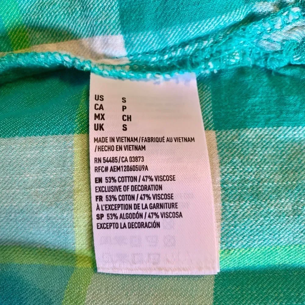 American Eagle Turquoise Blue Button Down Plaid Shirt Small - Picture 8 of 9